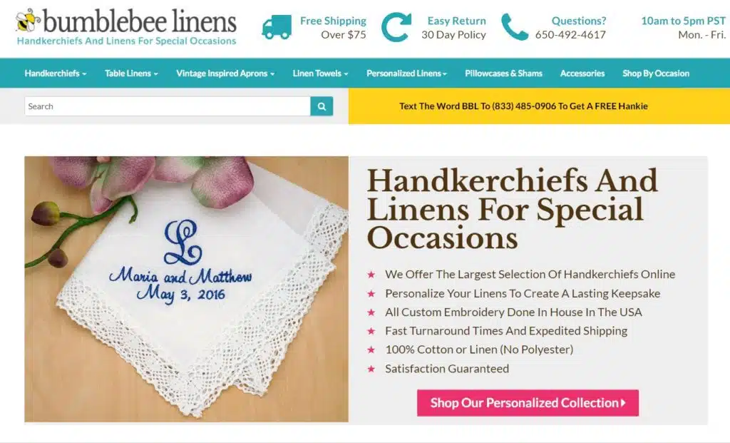 Screenshot of Bumblebee Linens website homepage. 