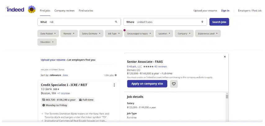 screenshot of indeed job search page